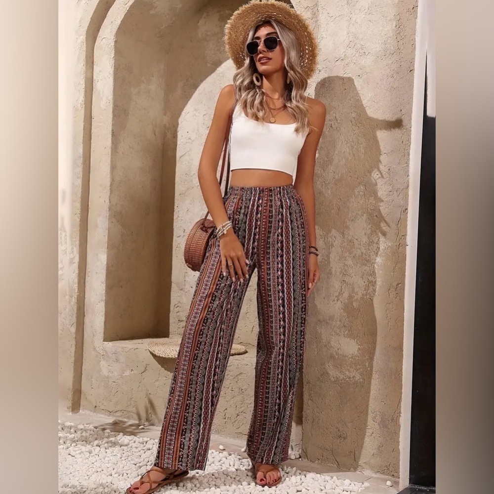 Boho Aztec Print Wide Leg Pants Elastic Waist NWT Large Palazzo Stripes